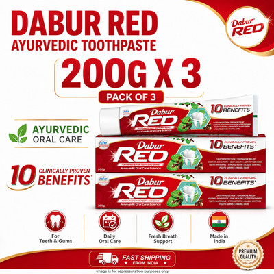 Dabur Red Ayurvedic Toothpaste 200g x 3 Herbal Oral Care Fluoride Free Pack
