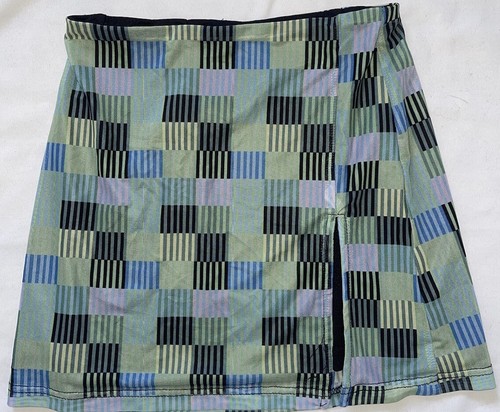 Riley Hubatka X Peppermayo Skirt Techno Check Green Black Blue Lined Slit 4 - Picture 3 of 6
