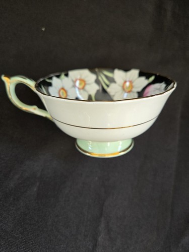 Paragon Teacup Saucer Set Vtg Green Black W/Tulips Daffodils Gilt Double Warrant - Picture 8 of 11