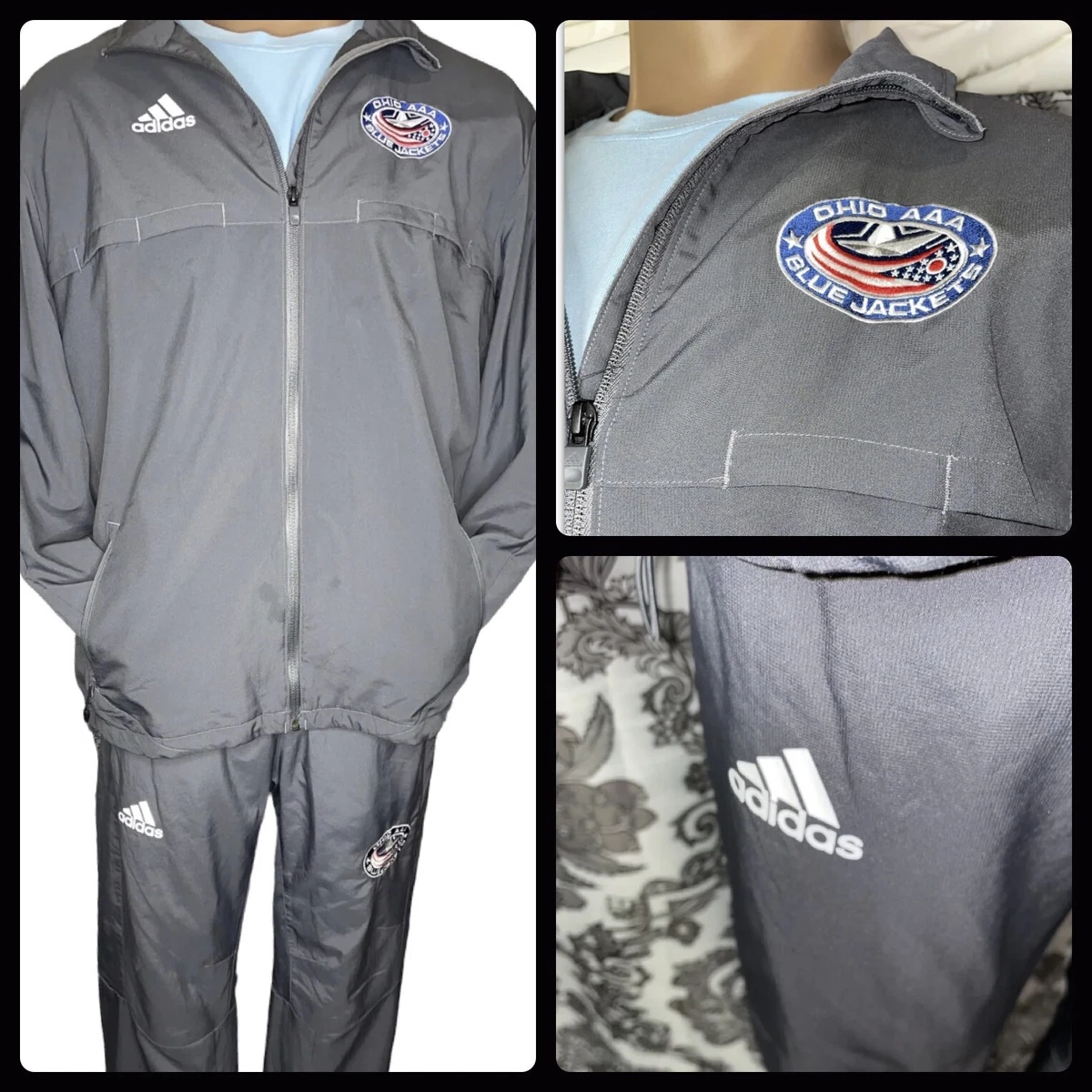 ADIDAS Ohio AAA Blue Jackets Track Suit Gray Jacket Joggers Pants