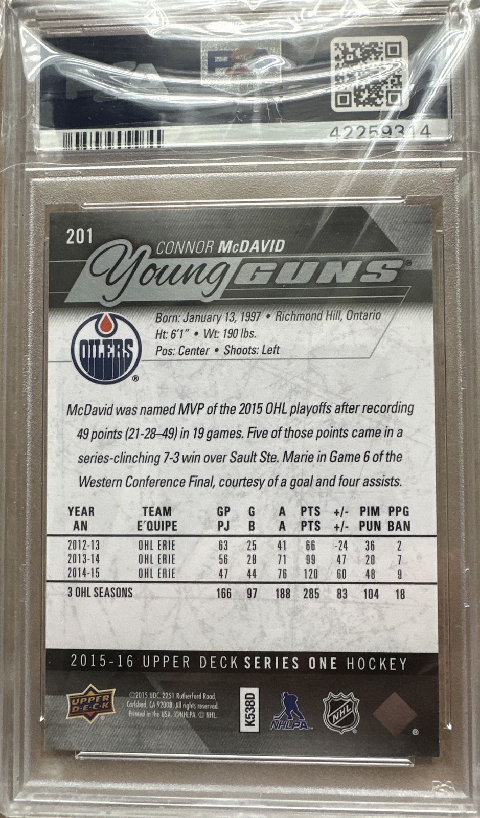 2015-16 UD Connor McDavid  Young Guns PSA 10  GEM MINT 🔥 Rookie view 2