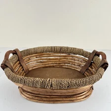 VTG Woven Bamboo & Wood Tray Basket Farmhouse Boho Rustic Oval 14.5x11 Serving
