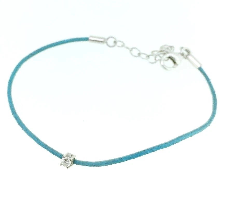 Solitaire Natural Diamond TCW 0.06 Turquoise Leather 18k White Gold Bracelet - Image 4 of 4