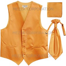 New Men's Tuxedo Vest Horizontal Stripes Ascot Cravat Hankie set prom party Gold