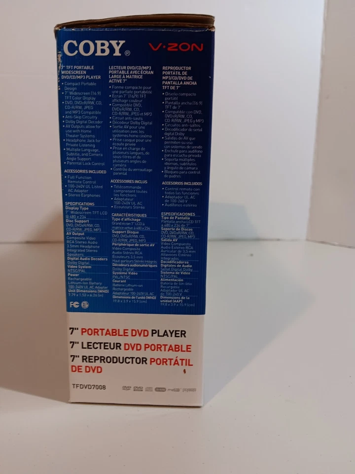 New COBY 7″ Widescreen TFT LCD Portable DVD/CD/MP3 Player TFDVD7008 - Image 4 of 4