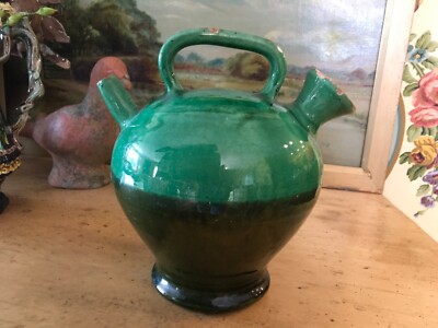 Antique French Green over Brown Glazed Terra-cotta Gargoulette Jug Pot Confit