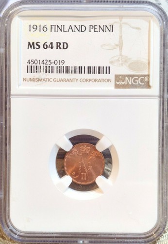 1916 Russia Russian Coin Copper Finland 1 Penni NGC MS 64 RD Nicholas II - Picture 1 of 6