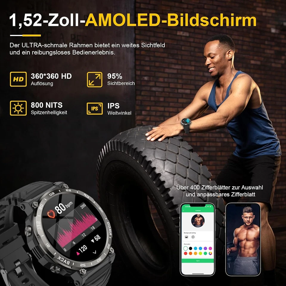 Militär Smartwatch Herren mit Bluetooth-Anrufe 5ATM Wasserdicht 960mAhFitnessuhr - Bild 4 von 4