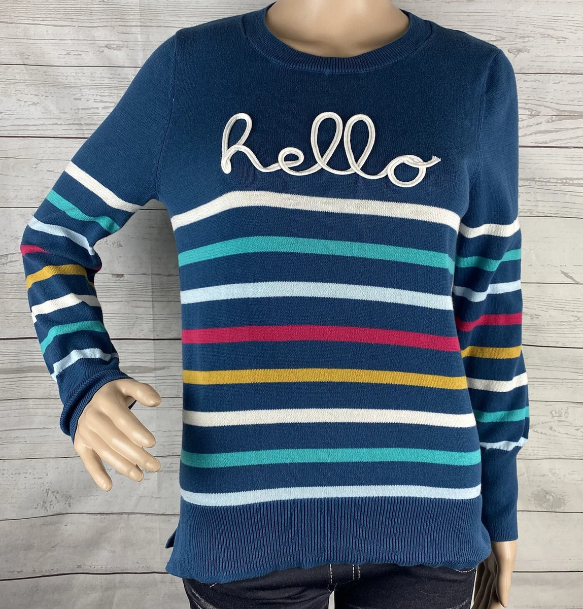 Hello Rainbow Striped Sweater Juniors Small Blue Colorful Greetings Cotton Blend
