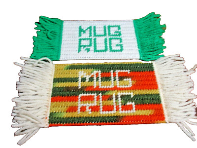 Set (2) Large Handmade Mug Rug Coasters- White/Green-Multicolor w/Fringe     513