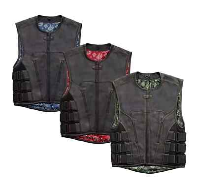 Men's Black Real Leather Bullet Proof Style Motorcycle vest Conceal Carry 