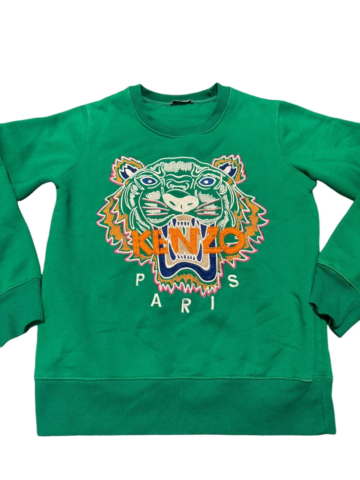 Felpa KENZO bambino giovane ricamata logo tigre cotone verde taglia small