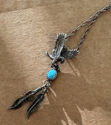 Turquoise Eagle Feather Pendant 2  Navajo Sterling Silver 2mm Chain Necklace