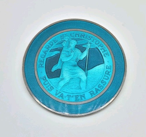 Vintage Sterling Silver 925 Catholic Saint Christopher Blue Enamel Medal Brooch