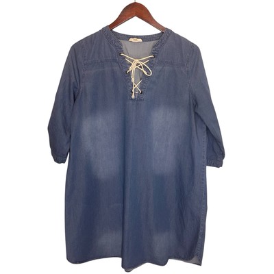 Easel Women s Midi Shift Denim Chambray Lace Up Tunic Pullover Boho Size Small