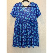 Down Under Flower & Stem Babydoll Dress Blue Floral Mini Made In USA