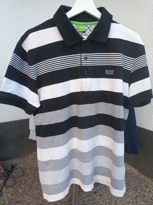 Hugo Boss Polo Shirt Size L Grey Black White Striped Short Sleeve
