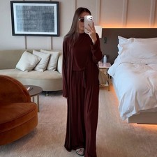 Dubai Women 3 Piece Open Kaftan Abaya Top Pants Sets Modest Casual Islamic Suit