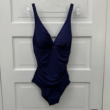 Jantzen Womens 10 Navy Tummy Control One Piece Swimsuit Ruched V Neck