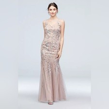 Alex Evenings Blush Embroidered Sequin Flower V-Neck Mermaid Tulle Gown Size 8