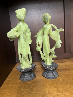2 Sculptor A. Santini Faux Green Jade Asian Sculpture Figurines Italy Vintage