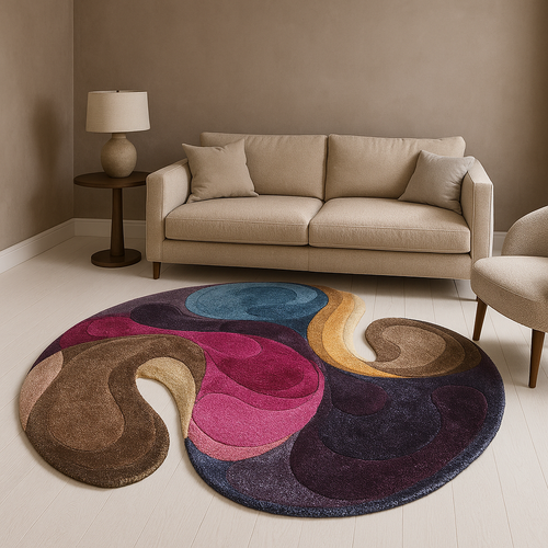 Floral round shape psychedelic Minimal Modern Tufted handmade colorful rug. - Picture 5 of 6
