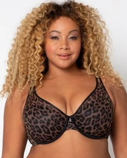 CURVY COUTURE Women Leopard Print Sheer Mesh Plunge T-shirt Bra SZ 44D Full Cove