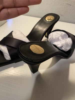 Saint Laurent Black Leather Slip-On Mule Heels Open Toe Logo Medallion