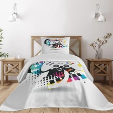 Gamer Coverlet Set Twin Size, Modern Console Game Comtroller with Halftone Mo...