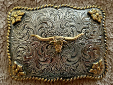 Two-Tone Longhorn Rectangle Cowboy Belt Buckle
