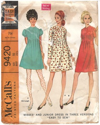 1968 McCall's 9420 Misses Dress 3 versions size 10 sewing pattern uncut