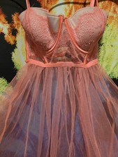Victoria's Secret 34C Peach Mesh Eyelash Lace Lingerie Babydoll Nightie Bustier