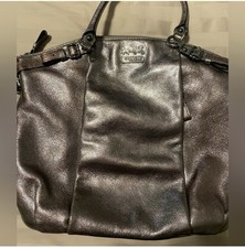 Coach Metallic Gunmetal Leather Shoulder Bag Zip Closure Logo Accent