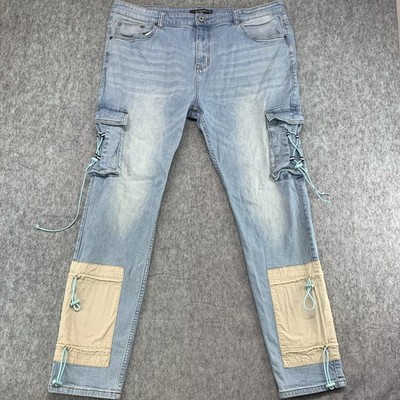 Serenede Cyber Cloud Cargo Jeans Bungee Cord Pocket Patches Slim Fit Size 42x31