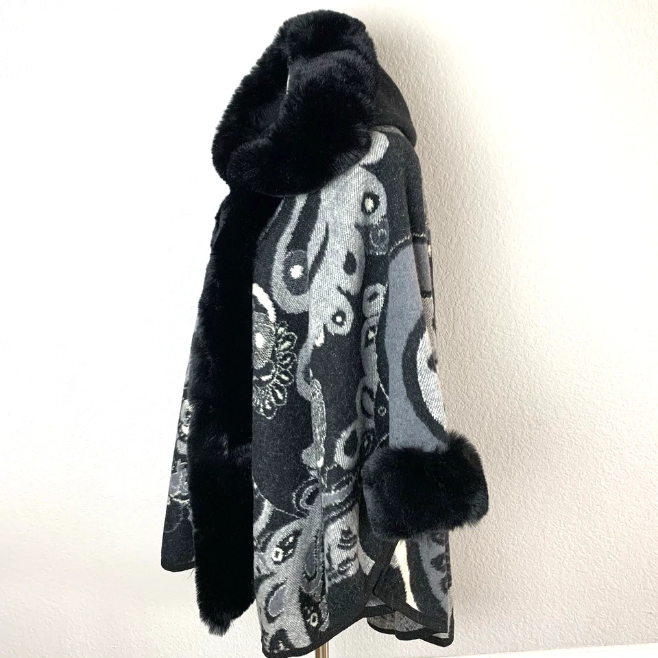 Poncho con capucha para mujer talla única ribete de piel sintética negro gris estampado floral nuevo con etiquetas Foto 4 de 4