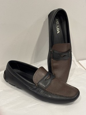 Prada Saffiano Leather Driving Loafers Black & Brown 2DD001 Men s Size 10
