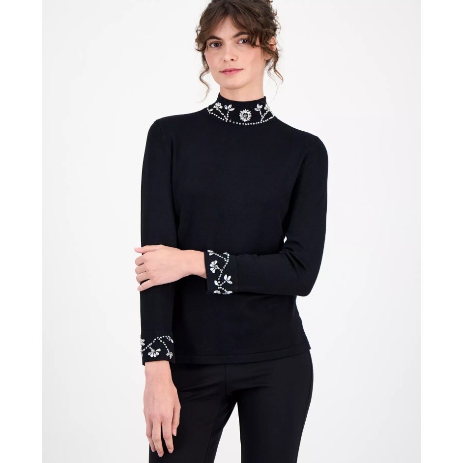 Anne Klein Women Black Viscose Embellished Rhinestone Turtleneck Sweater Size L