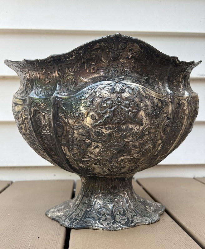 Antique Style Repousse Jardiniere Cherub Silver Plate Copper Centerpiece Bowl