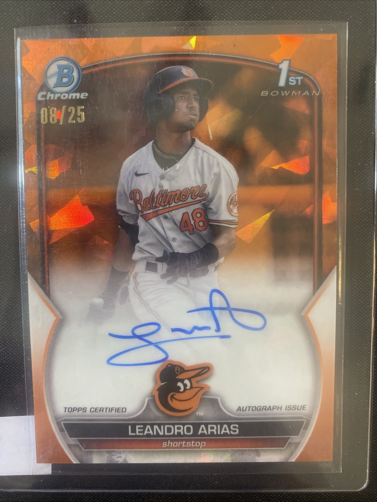 2023 Bowman Chrome Sapphire Leandro Arias Orang 1st Auto #/25