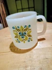 Milk Glass Coffee Mug with Blueberry Design Vintage 1960s Glasbake  B13