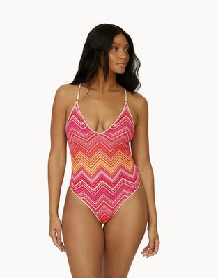PQ Swim Margot One Piece Swimsuit L Cayenne Chevron Pink Orange New W/Tags