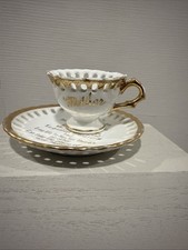 Mini Teacup & Saucer Set Mother Nice Poem White With Gold Writing Japan VTG