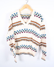 90s Dad Style Sweater Men's Large White Geometric Cotton Knit V-Neck USA Made