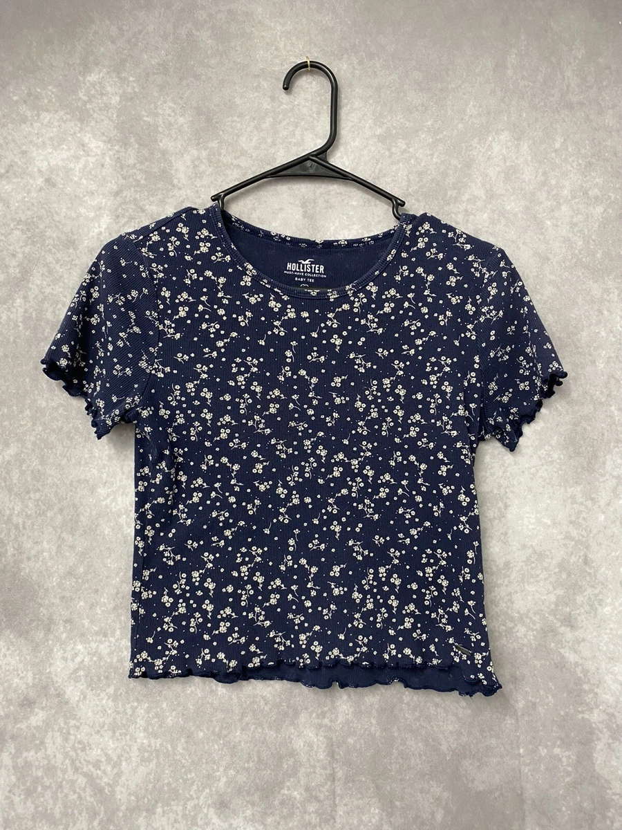 hollister women navy blue floral top size medium