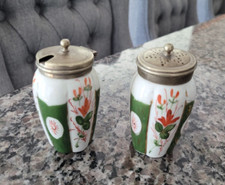Vintage EPNS Porcelain Jars Mustard / Pepper Shaker Marked EPNS Green White
