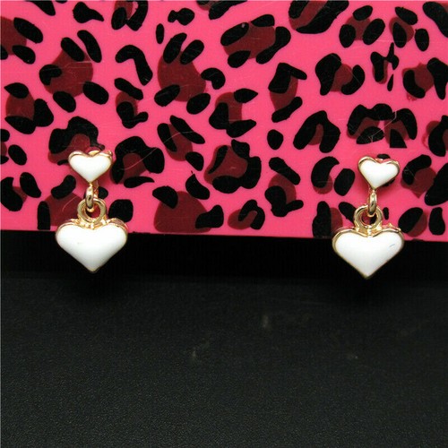 Cute New Tiny Baby Girls Gold White Enamel Double Heart Stud 1st Dangle Earrings