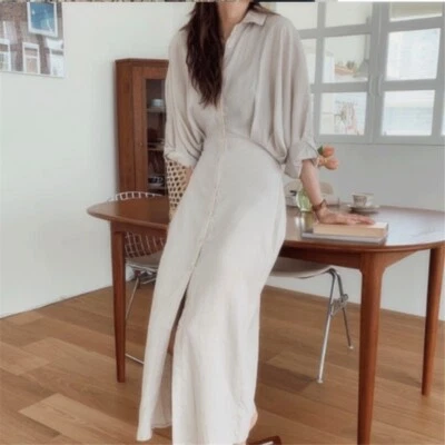 Femme Lin Coton Robe Midi Long Chemisier Ceinture Bouton Décontracté Revers Uni - Photo 1/4