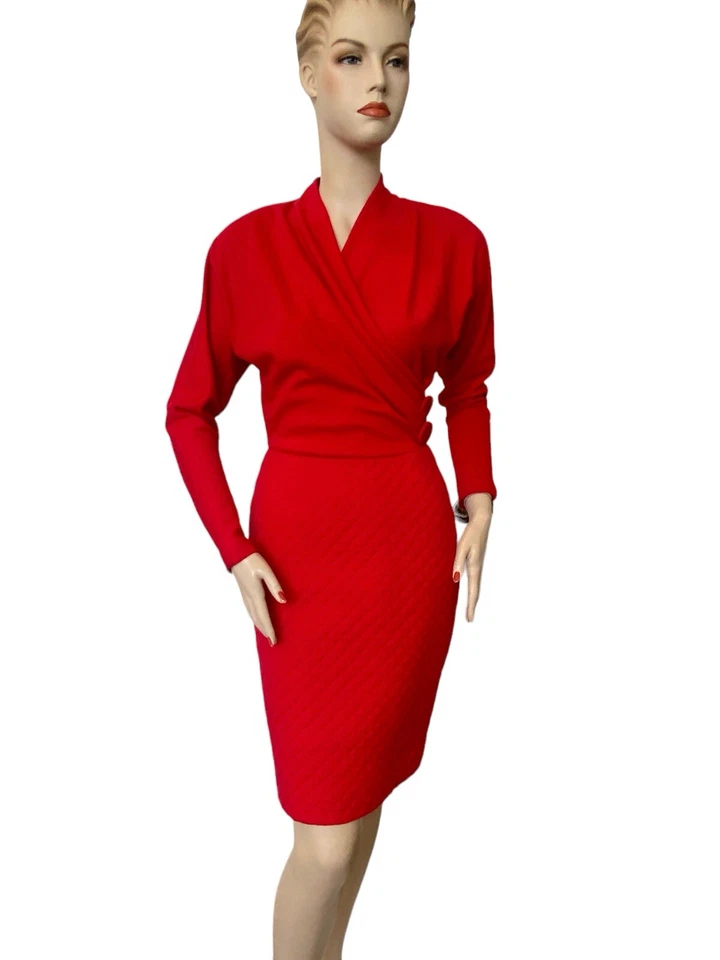 Vestido de lana rojo vintage ALBERT NIPON BOUTIQUE lápiz ondulante años 80 garra talla 4 USA Foto 2 de 4