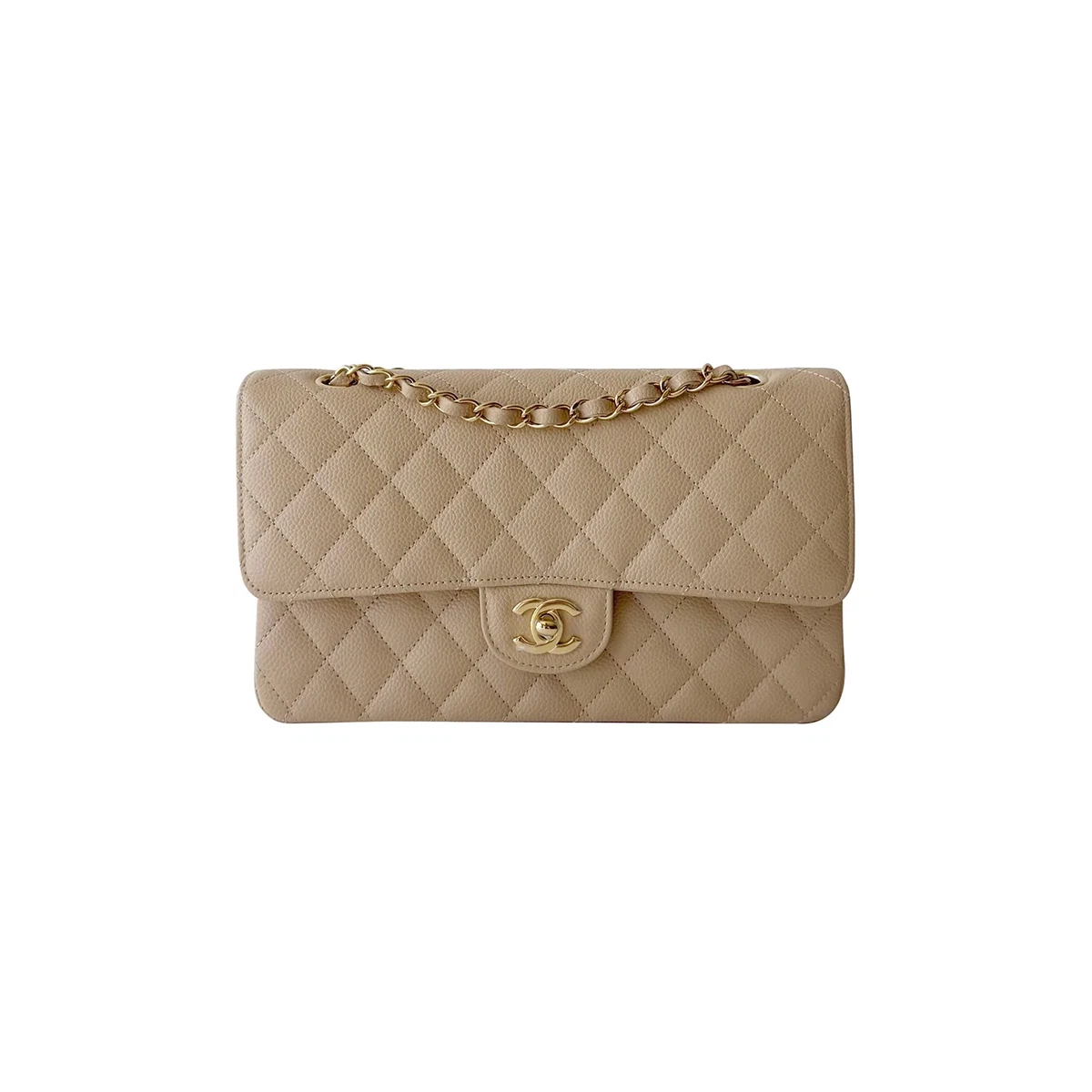 Chanel Classic Double Flap Quilted Caviar Gold-tone Medium Beige