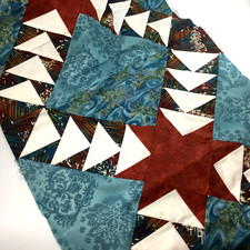 Quilted Handmade Table Runner Blue Rust White Cotton Unfinished 50 in x 17 in